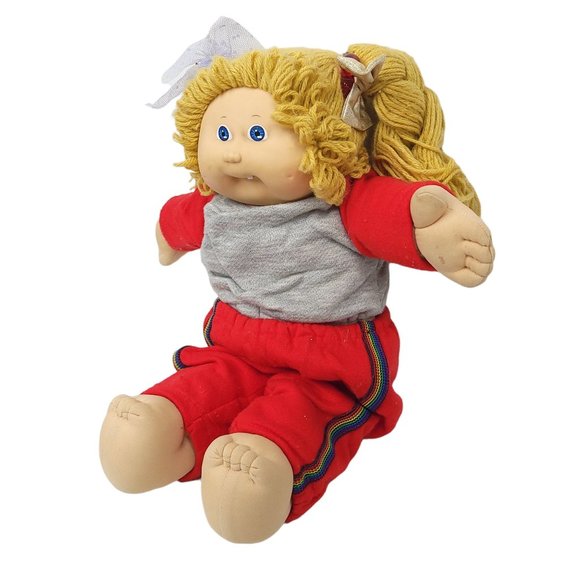 Vintage 1985 Cabbage Patch Kid Doll 15" Dimples Blonde Pigtails Tracksuit Coleco - Picture 3 of 12